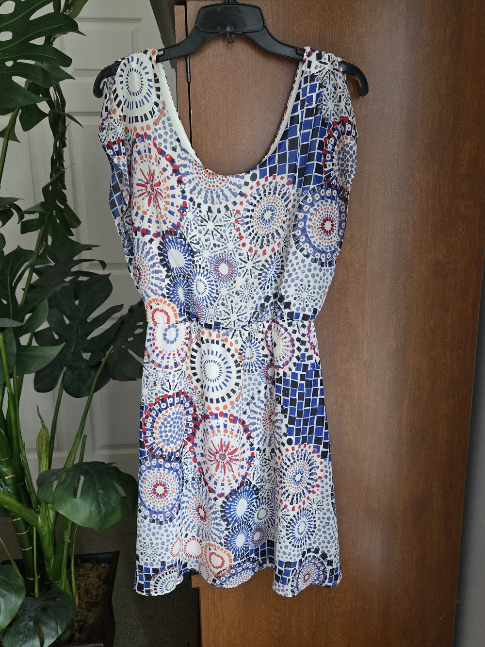 Outback Red Blue, White and Red Printed Flutter Sleeve Mini Dress